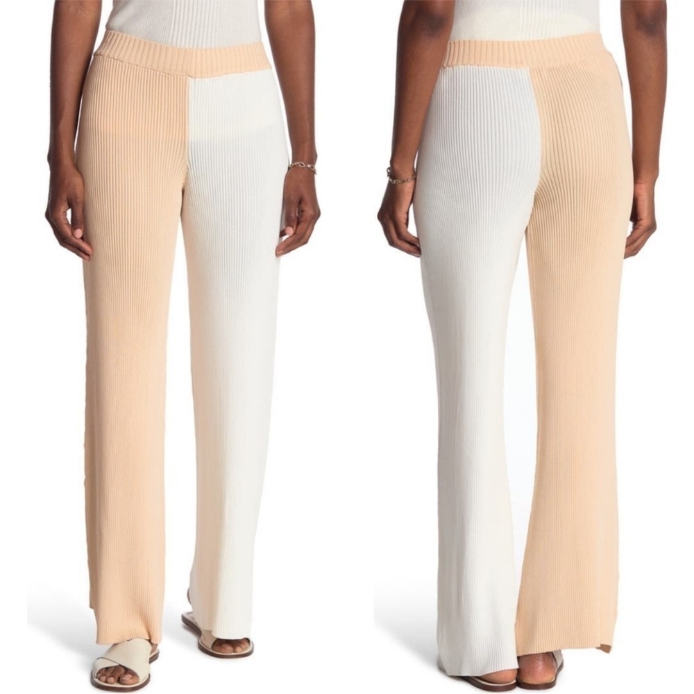 Ronny‎ Kobo Two Tone Ribbed Knit Wide Leg Pants Beige White Medium NWT